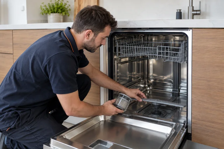 Bulaşık makinesi iç aksamını kontrol eden servis görevlisi