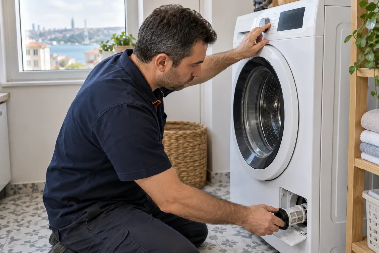 Çamaşır makinesi tahliye filtresini kontrol eden servis görevlisi